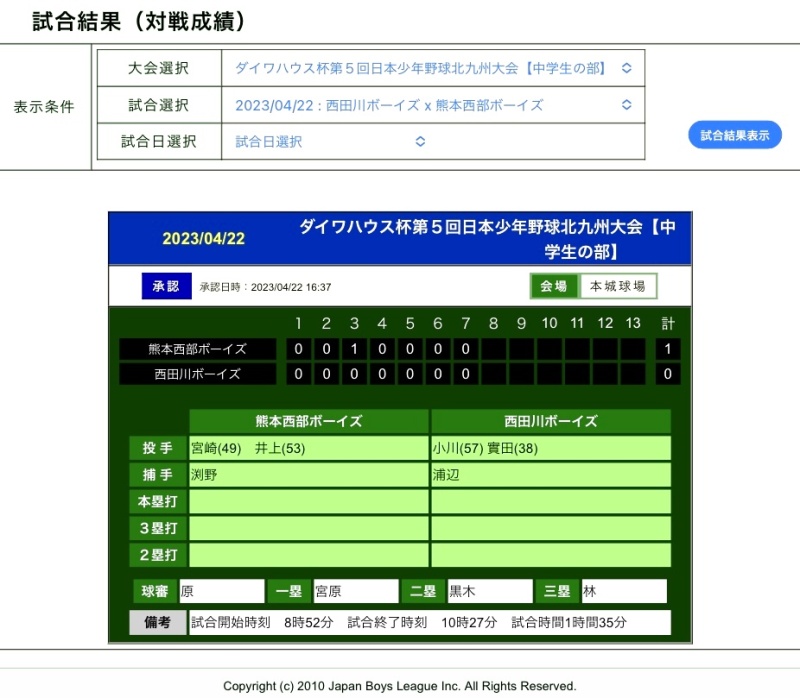 ダイワハウス杯第５回日本少年野球北九州大会　２回戦　結果