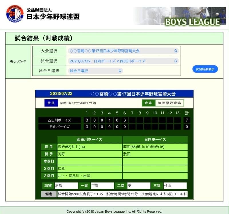 第１７回日本少年野球宮崎大会　１回戦・２回戦　結果