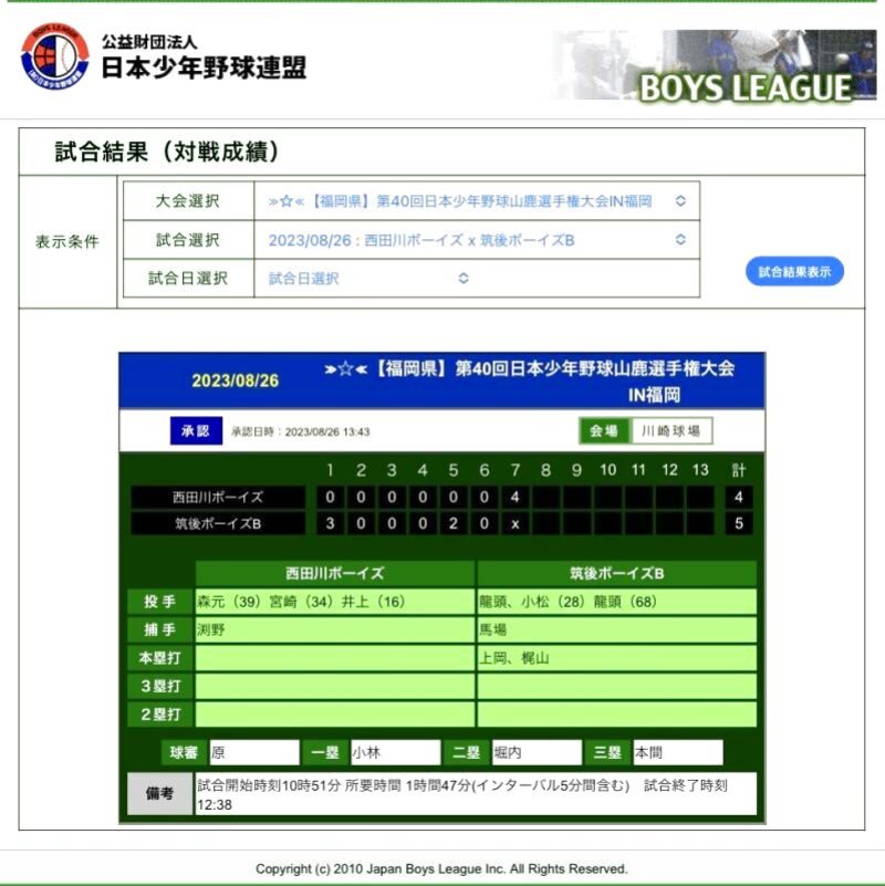 アサヒ緑健カップ第４０回日本少年野球山鹿選手権大会IN福岡　結果